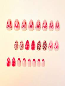 24 Peças Unhas Postiças Média Formato de Amêndoa com Ponta Francesa Estampa de Leopardo e Decoração de Laço Rosa Choque, Estilo Vintage, Cobertura Completa, Unhas Falsas para Mulheres e Meninas, Uso Diário, Festa, Encontros