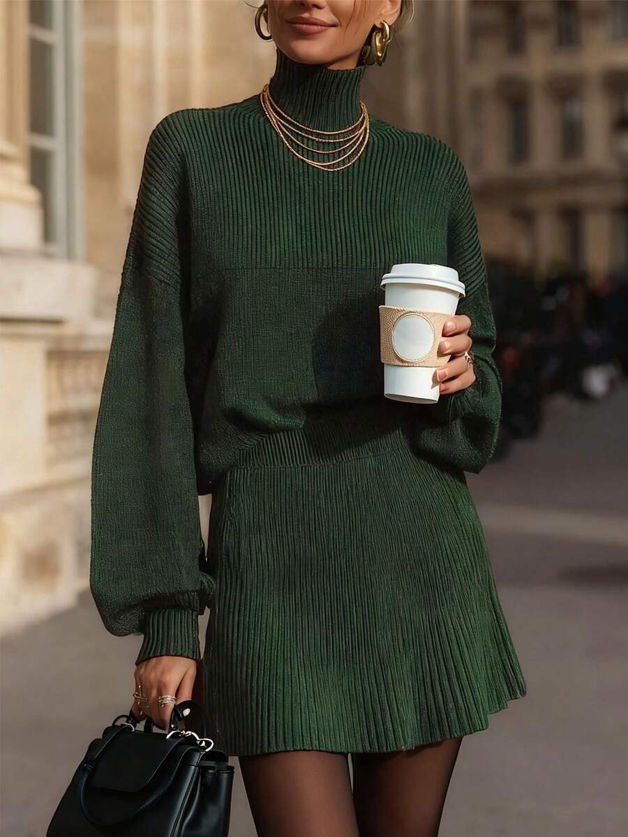女士时尚优雅秋冬深绿色针织毛衣上衣短款毛衣裙两件套 - 綠色 - 查看 1