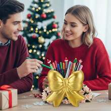 Vase Bow Ceramic Vase Pen Holder Makeup Brush Holder Contemporary Design Decorative Women Gift For Christmas Home Office Shelf Table Living Room(Pink,Classic) - 金色 - 查看 6