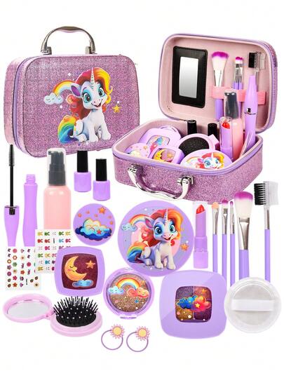 New Purple Unicorn Girl Makeup Set Toy, Includes Bag, Wallet, Storage, Interactive Play, Simulation Makeup, Role Play, Hobby, Christmas Gift