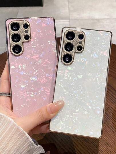 Luxury Stylish Rhinestone Plating Lens Protection Laser Gradient Shell Pattern Phone Case Compatible With Samsung Galaxy S25Ultra S24Ultra Plus S23 S22 Ultra A55 A54 A16 5G A15 Protect Back Cover