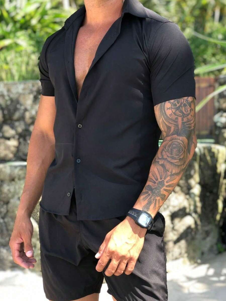 Hawaiian Floral Shirt And Shorts Set Striped Print Adult Men's Viscose Fabric With Spandex - màu đen - Xem 1
