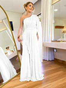 Women's Long Party Dress One Shoulder With Elegant Slit One Size M (Fits 38 To 42) Simple Elegant Party Beach Wedding, Bridesmaid And Graduation. - 白色 - 查看 1
