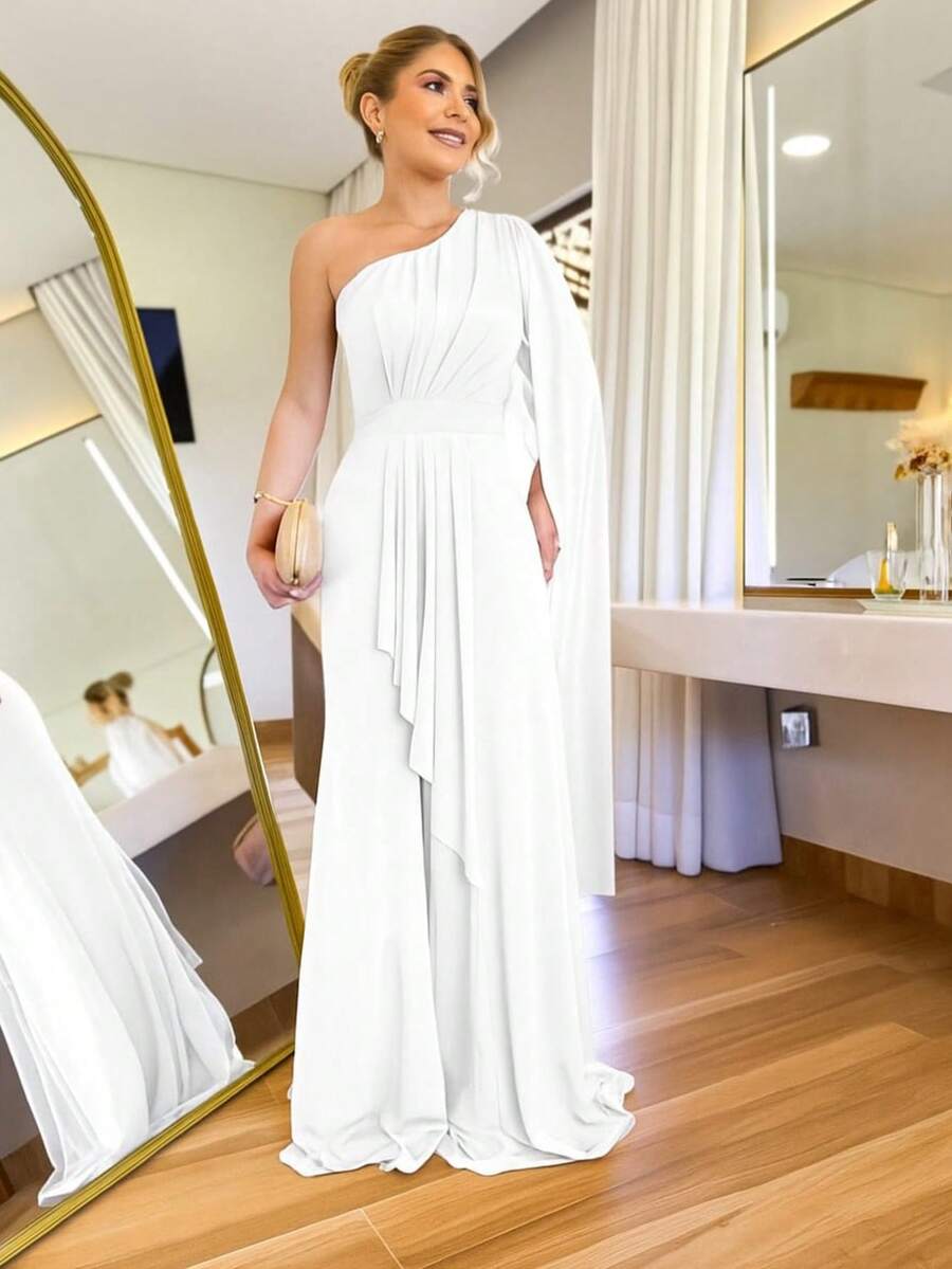 Women's Long Party Dress One Shoulder With Elegant Slit One Size M (Fits 38 To 42) Simple Elegant Party Beach Wedding, Bridesmaid And Graduation. - 白色 - 查看 1