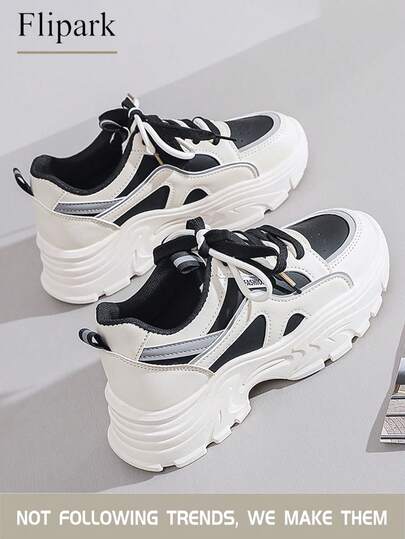 Flipark 1 Pair Fashion Sporty Platform Women Chunky Sneakers, Front Lace-Up Solid Color Patchwork Leather Lightweight Low-Top Casual Athletic Shoes
