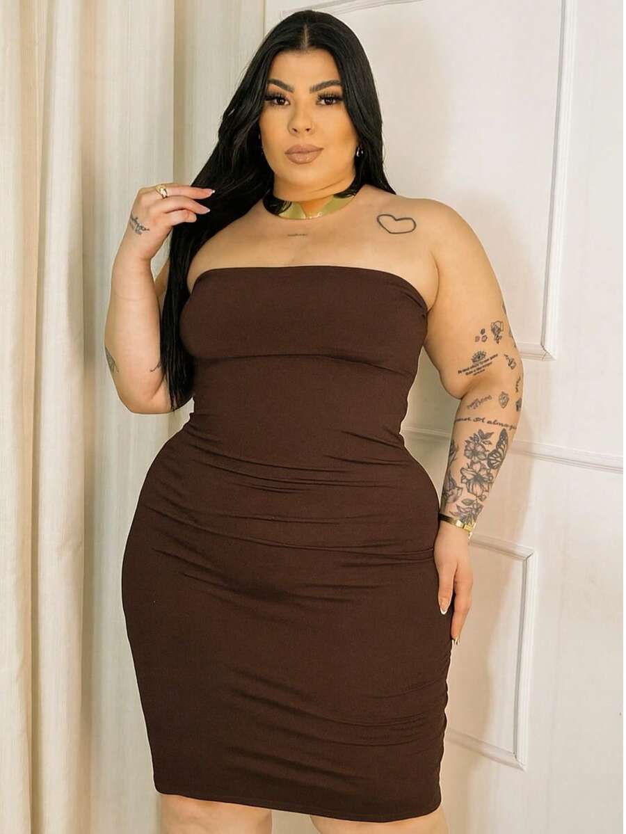 Vestido moda feminina tomara que caia - Marrom - Visão 1
