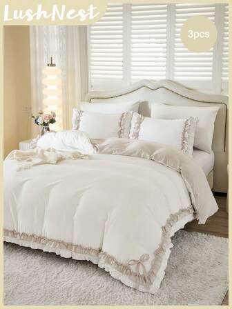 3pcs Adorable Bowknot With Double-Layer Ruffles Duvet Cover Set(1 Duvet Cover + 2 Pillowcases Without Insert), Cottagecore Vintage Elegant Style Bedding, Bedroom & Room Decor, Gift Ideal, Shabby Chic Home Textiles