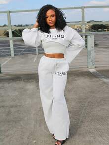 Steph T Set de 3 piezas de mujer con top corto de manga larga básico liso, camiseta y pantalones de pierna ancha, conjunto informal para otoño e invierno