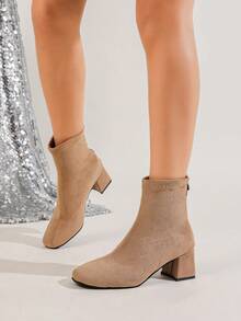 Giày bốt cổ ngắn nữ thanh lịch, mũi vuông, gót dày, thiết kế cá tính, kiểu dáng retro, khóa kéo phía sau, màu kaki, dành cho mùa thu năm 2025. - Màu Khaki - Xem 6