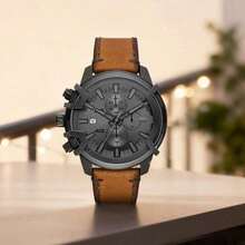 Diesel 1 Reloj Diesel Griffed Cronógrafo para Hombres - Caja de acero inoxidable negro de 48 mm, Esfera negra con índices de barras, Correa de cuero negro, Resistente al agua 50 M - DZ4569