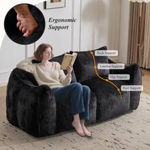 75.2" Wide Giant Bean Bag Couch, Faux Fur Upholstered Lazy Sofa Couch With Pillows, Comfy Loveseat Couch With Large Armrests, Oversized Floor Sofa For Living Room - 黑色 - 查看 3