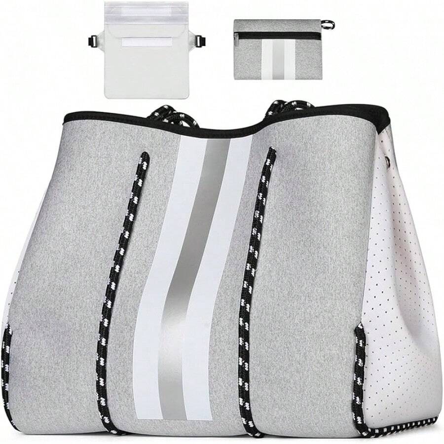 Large Multipurpose Neoprene Beach Tote Bag With Inner Pocket Women/Pool - A4-灰色-升級版 - 查看 1