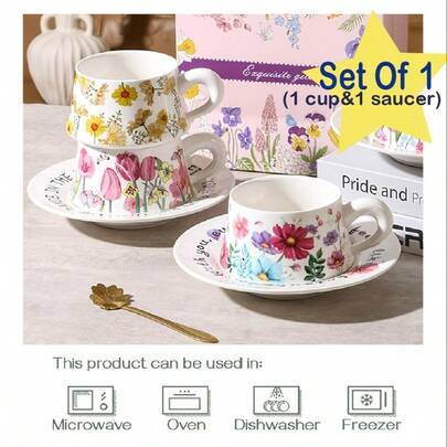 1 Set 10oz Keramik Kaffeetasse mit Untertasse, farbiges Blumenmuster, geeignet für Kaffee, Tee, Milchtee, tolles Geschenk für Feiertage, kommt mit Geschenkbox