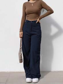 Corduroy Wide Leg Pants Women Casual Spring 2026 Elastic Waist Stretchy Loose Trousers With Pockets - 藏蓝色 - 查看 3