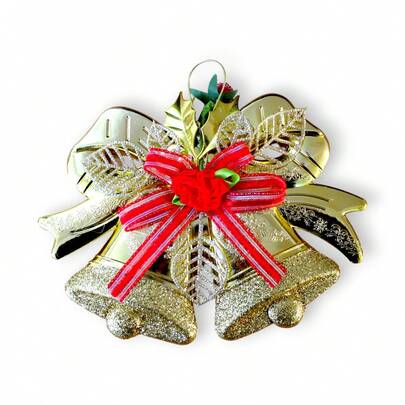 6/12/24 Colgante Campanas navideñas doradas con moño rojo decorativo y brillo, adorno para puerta, chimenea o pared, decoración navideña elegante y festiva para el hogar colgante para interiores y exteriores, ideal para realzar tu ambiente navideño, adorno festivo para casa, oficina o árbol de Navidad