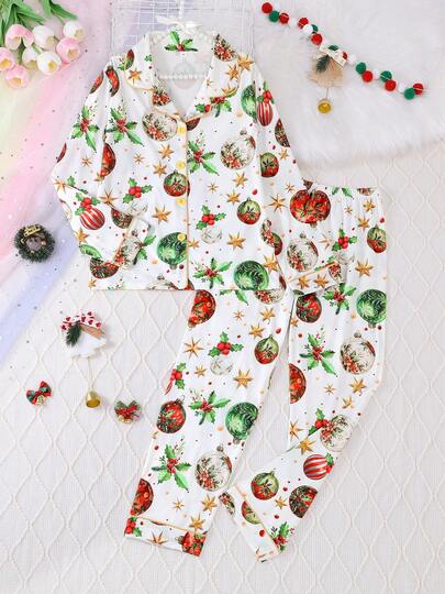 Set de 2 piezas de pijama de cardigan de manga larga con estampado de bolas de Navidad y pantalones, informal para niñas y adolescentes, retardante de llamas, adecuado para Navidad y todas las estaciones