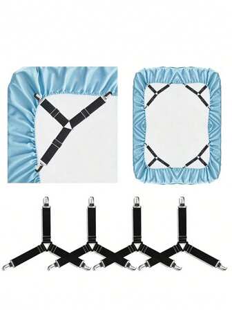 4-Piece Black/White Adjustable Triangular Elastic Fasteners With Metal Clips,Anti Slip Triangular Bed Sheet Holder With Metal Clip, Tent Metal Fixator, Tablecloth Fixer, Sofa Seat Curtain Fixing Clamp,Heavy-Duty Sheet Straps,Adjustable Sheet Clips,Secure Sheets In Place,Suitable For Fitted Sheets,Mattress Covers,Sofa Cushions,Reusable And Detachable, Hand Washable Only.