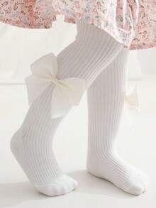 1pc Girls' White Bow Knot Basic Tights For All Seasons, For Christmas - White - View 9