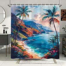 1Pc Multicolor Landscape Shower Curtain - Tropical  With Palm Trees And Ocean Scene Print, & Durable Bathroom Curtain, Lightweight & Easy Hang, Perfect For Lovers Of Scenery's Bathroom, Suitable For Home, Apartment & Hotel! Multicolor - Olive Green - View 2