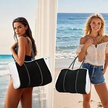 Large Multipurpose Neoprene Beach Tote Bag With Inner Pocket Women/Pool - C2-黑白 - 查看 2