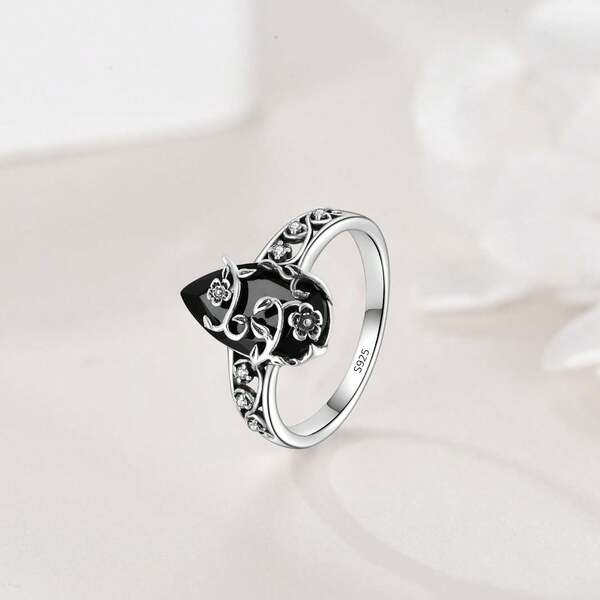 1pc Black Synthetic Cubic Zirconia 925 Sterling Silver Flower Bead Ring, Jewelry Gift For Women/Girls, Size 7-10