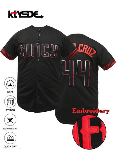 KTYSDE Men's #44 Black Letter & Number Embroidered Baseball Jersey, Loose Fit V-Neck Short Sleeve Button-Down Sports Top