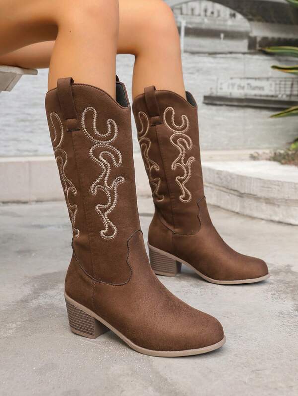 New Autumn/Winter Western Boots, Chunky Heel Casual Over-The-Knee Riding Boots, Casual Outdoor Fabric Embroidered Mid-Calf Boots, Retro Western Cowboy Boots For Casual, Outdoor, Holiday Party