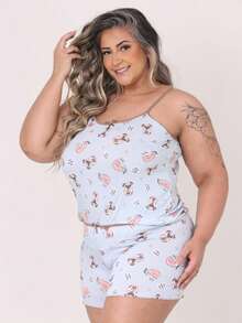 Kit com 3 Baby Doll Plus Size em  Poliéster Estampado Short Doll Feminino Pijama Adulto mais Conforto para Dormir. - Multicolorido - Visão 5