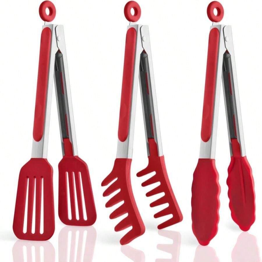 5-Pack Silicone Tongs For Cooking,Maywe Tanso 4PCS 13-Inch Kitchen Tongs With Silicone Tips,Nonstick Stainless Steel Tong For Steak Pie Pizza Pasta Spaghetti Salad BBQ Buffet,Plus Brush - 顏色 - 查看 1