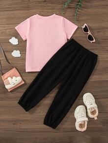 2pcs/Set Girls Casual Heart Print Short Sleeve T-Shirt And Long Pants Outfit, Regular Fit, Summer - Pink - View 2