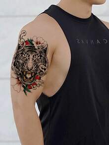 2 款男士纹身贴纸，日本虎纹祥云花卉图案，防水假纹身，持久 2-5 天，遮盖疤痕，可用于手臂、肩膀、颈部、腰部、背部或腿部，适合节日派对、万圣节化妆舞会 - 彩色 - 查看 2