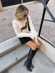 2025 秋冬新款女装时尚街头风格休闲简约小狗图案圆领针织套头衫，返校服，圣诞服装，约会夜服装，露肩毛衣，韩版风格，秋季女装，端庄淑女，派对女士，Y2K 女士，外出上衣，演唱会女士，约会夜女士，新年，女士冬装，沙特国庆节，别致，乡村 - 米色 - 查看 3