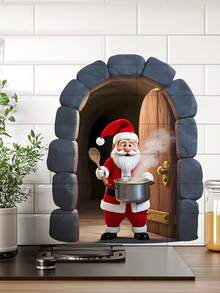 1 PIEZA Pegatina de arco de piedra 3D navideño - Adhesivo de Papá Noel chef cocinando con acentos de cristal para decoración de ventana de cocina, vinilo semi mate para superficies, forma decoración festiva de chimenea y puerta
