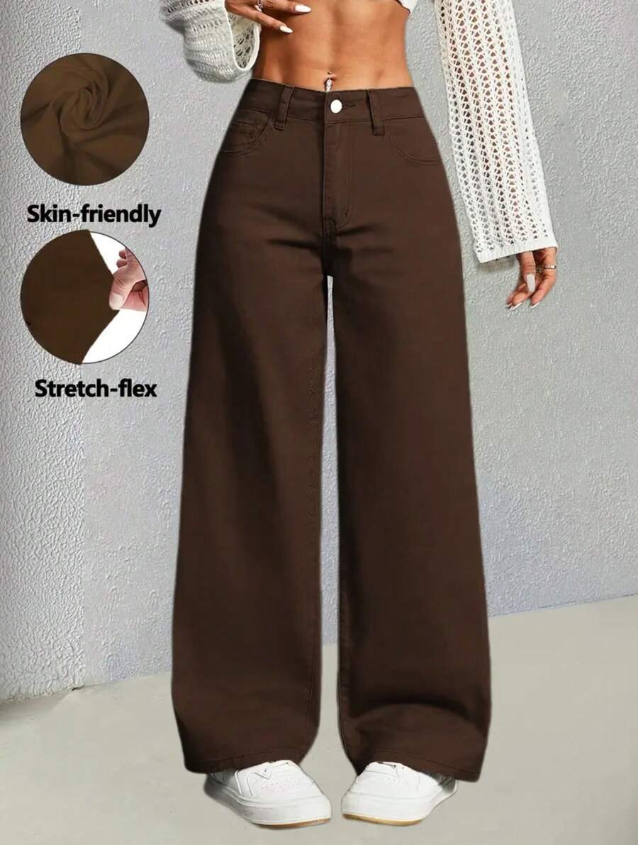 Women's Brown Wide Leg Jeans, Gringa Style, Fashion, High Waist, Loose Fit With Elastane, Comfortable And Stylish, Timeless Piece That Enhances The Body - 黑色 - 查看 1