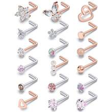 Surgical Steel Nose Ring 20G - Hypoallergenic Nose Studs With Cute Flat Opal Flower Diamond Heart - Straight L Shaped Purple, Pink, Black, Silver For Women Men Gift{"Color_name":"PinklshapedNoseRingsStuds20G"} - 粉紅鼻環耳環20G - 查看 1
