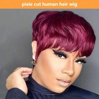 Elegant Straight Pixie Cut Wig For Women - 180% Density Human Hair Short Wig With Neat Bangs, Burgundy Red 99J, Rose Net Cap, Perfect For Everyday Style, Fashion Accessory | Sleek Short Wig | Natural Human Hair