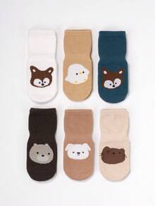 6pcs/Pack Toddler Cartoon Animal Print Anti-Slip Socks, Suitable For Spring & Autumn, Boys & Girls