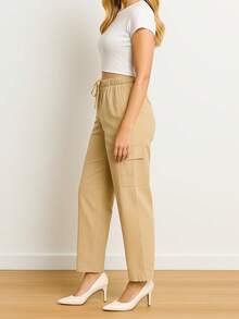 Pantalones cargo largos informales para mujer con detalle de lazo y tejido ligeramente elástico ma1121 - Camel - Ver 4