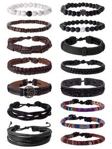 15 piezas Conjunto de pulseras versátiles de moda para hombres - Diseños de cuentas, madera, cuero, trenzado y tejido en estilos retro, punk y bohemio para uso diario y ocasiones