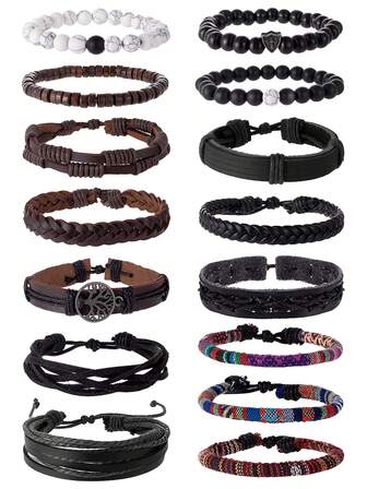 15 Pcs Multi-Piece Fashion Versatile Men's Bracelet Set - Beaded, Wooden, Leather, Braided & Woven Designs In Retro, Punk & Bohemian Styles For Daily & Occasion