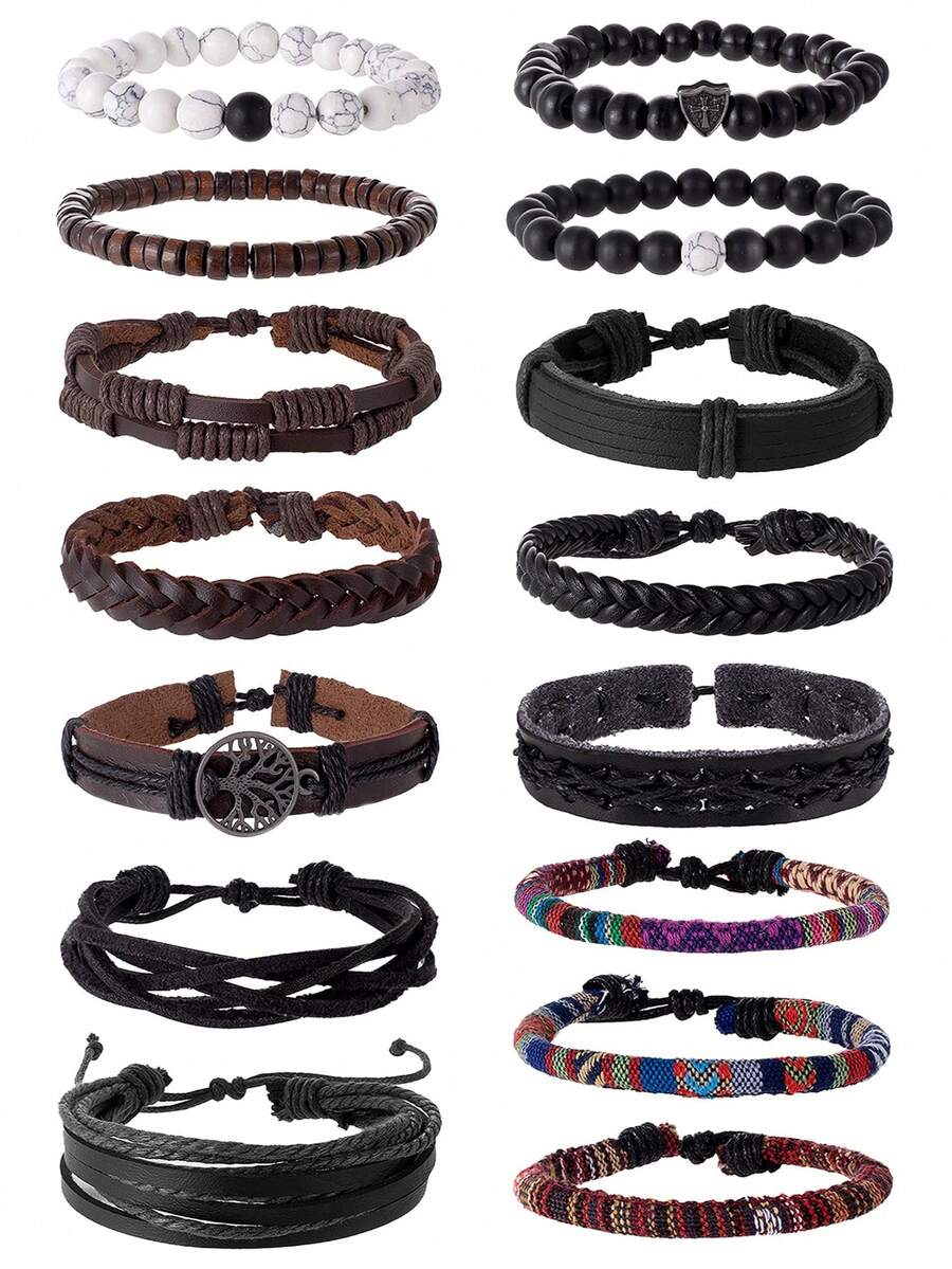 15 piezas Conjunto de pulseras versátiles de moda para hombres - Diseños de cuentas, madera, cuero, trenzado y tejido en estilos retro, punk y bohemio para uso diario y ocasiones