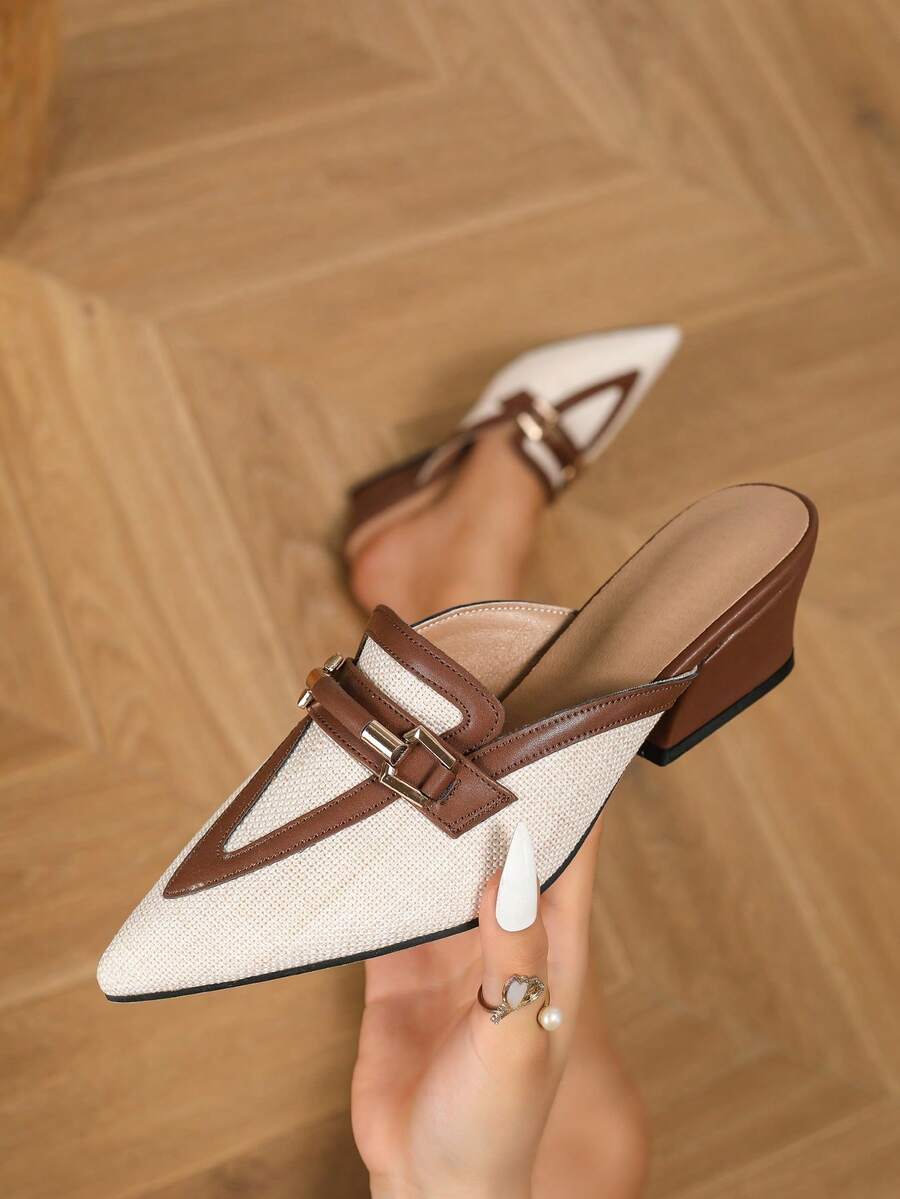 Classic Pointed Toe Metal Buckle Decor Mule Chunky Heel Shoes, Elegant & Comfortable For Party, Formal, Casual Wear, Commute, Contrast Color Fabric & Leather Women's Brown High Heel Backless Pumps