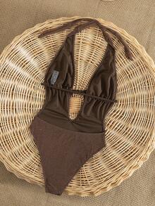 Sultry Sol 2026 Viral Brown One-Piece Swimsuit For Women, Sexy Shiny Fabric Design With Chest Tie Detail, Must-Have Flattering Bathing Suit For Summer Beach Vacations & Pool Parties, Best Selling Beachwear - Brown - View 10