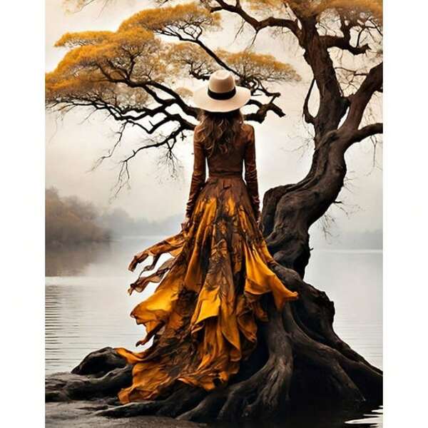 DIY Paint By Numbers Kit - 'Woman In Yellow Dress' Lake Scene, 16x20inch Canvas, Acrylic Paints & Brushes Included (Frame Not Included)