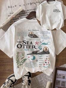 Vintage Sea Otter Biology Graphic Short Sleeve Casual Round Neck T-Shirt-Women's Soft Autumn 100% Cotton T-Shirt Casual Outer/Inner Wear Warm - 白色 - 查看 4