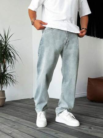 Loose Non-Stretch Straight Leg Cotton Jeans, Casual Baggy Washed Jeans, Couple Matching Straight Leg Loose Washed Jeans, Y2K Style Casual Pants With Button & Zipper, Suitable For All Seasons