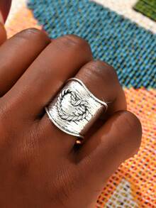 1 pieza Anillo de mujer de estilo bohemio y vintage con forma de corazón y banda ancha de plata, adecuado para boda, compromiso, promesa y uso diario - Plata antigua - Ver 3