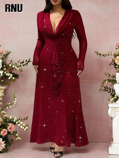 RNU Vestido maxi de manga larga elegante para mujer de talla grande con diseño de manga de malla de tela de punto con brillo metálico, cuello drapeado con volantes y cintura entallada, adecuado para conciertos, salidas de moda, fiestas, Navidad, Año Nuevo, invitados de boda, cumpleaños, vestido maxi versátil de manga larga