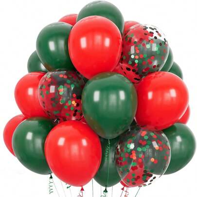 30个红色和绿色气球 10/12英寸圣诞乳胶气球套装绿色红色五彩纸屑气球适用于圣诞节派对装饰