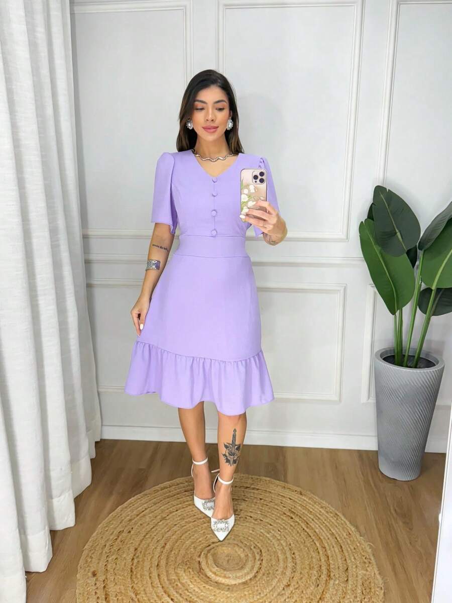 Duna Short Women's Dress With Elastex On The Back / Evangelical Fashion - Dusty Purple - View 1